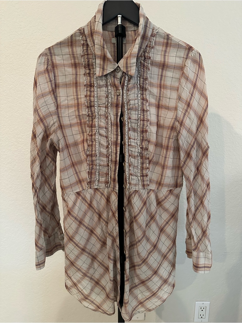Odille Plaid Ruffle-Front Button Down Shirt in Beige and Brown